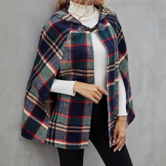 Plaid green navy hoodie cape style jacket - Picture 4 of 4